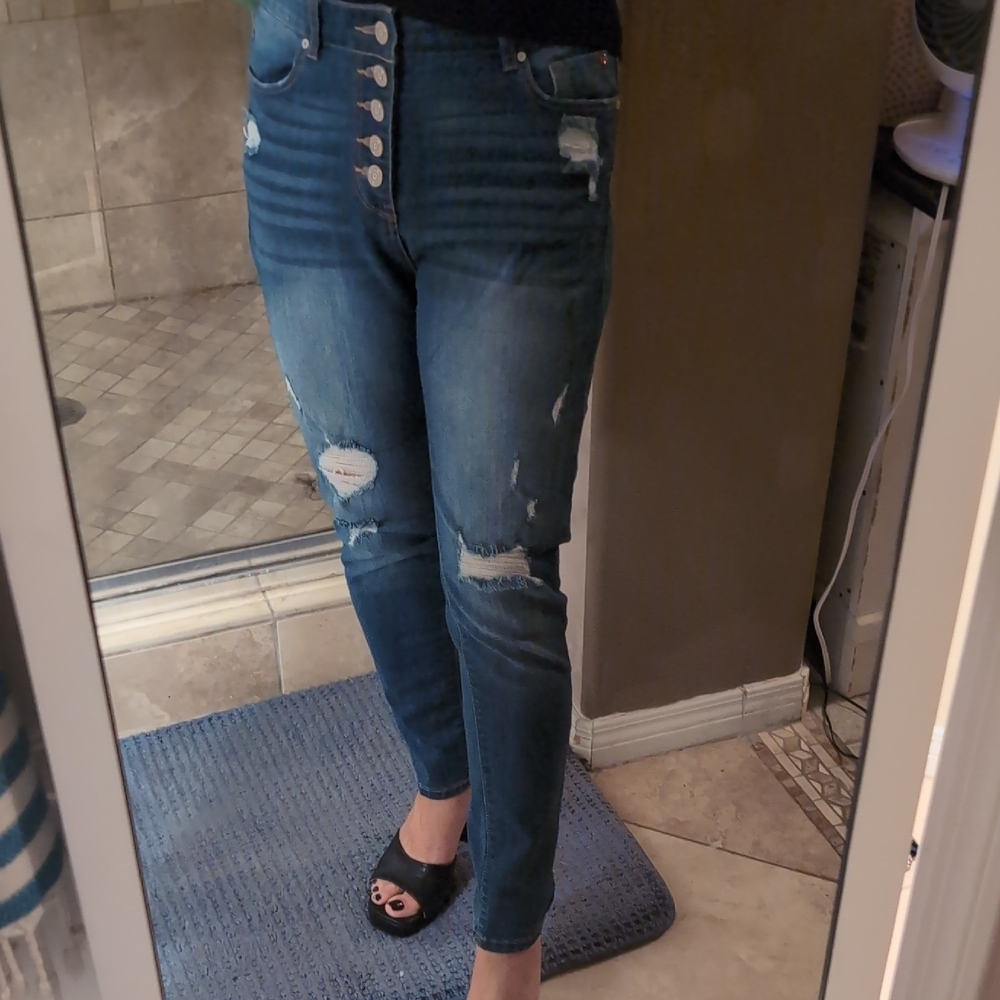 Trendy butter soft stretchy Distressed Blue Jeans